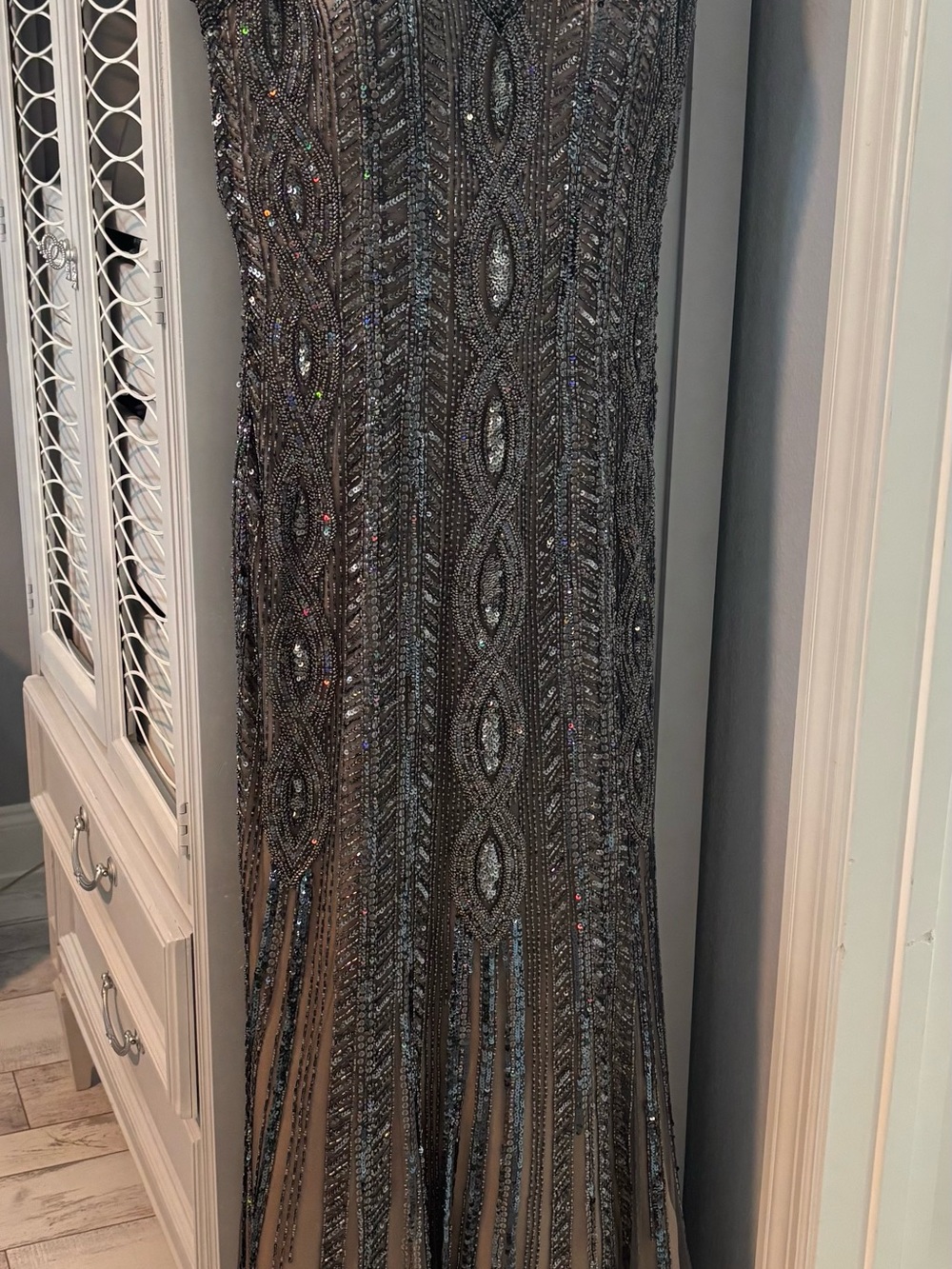 Jovani Gunmetal Beaded Prom Gown